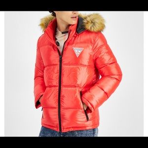 GUESS Men’s puffer jacket with faux fur hood